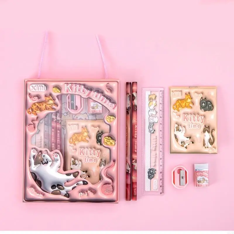 6 in 1 เด็กเรียนรู้กล่องของขวัญชุดเครื่องเขียนชุดการ์ตูนดินสอ