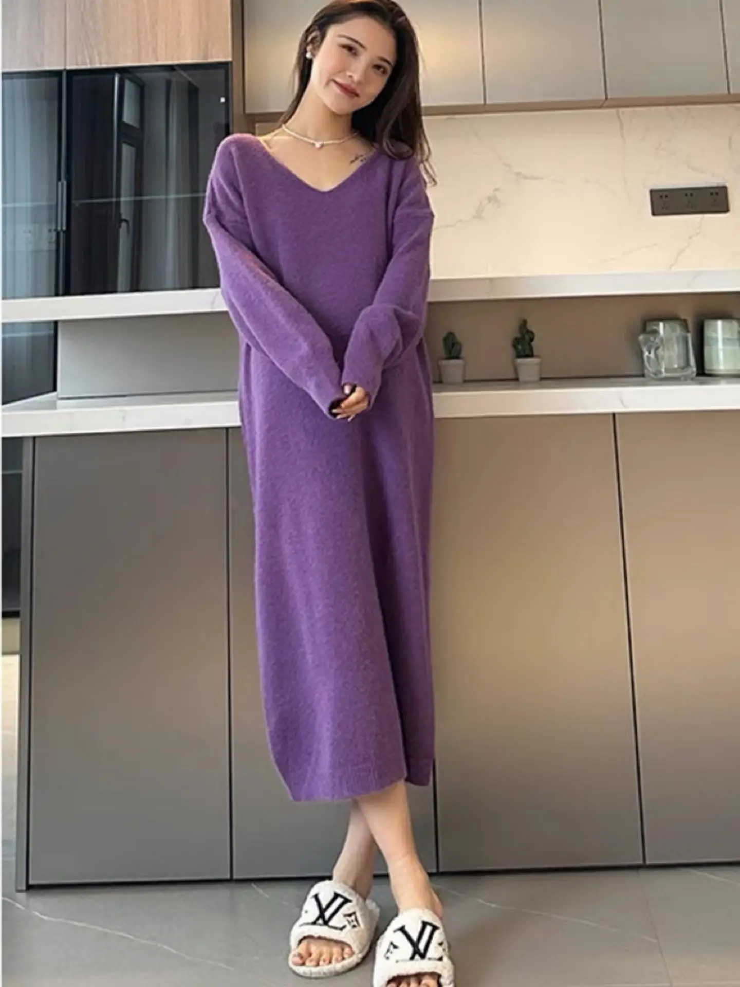 

Ele Purple V-Ne Knitted Dr Women's Loose Midi Sweater Korean Sle Commute Soft Knit Long Sve Thermal Thiened