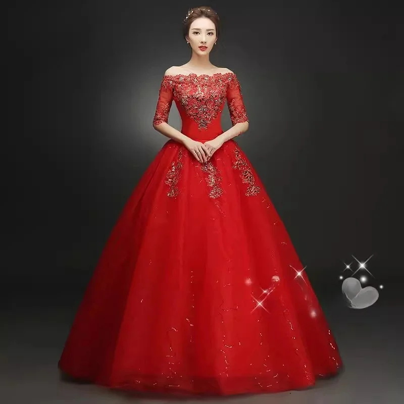 It's Yiiya Red Wedding Dresses Simple Crystall Bling Off the Shoulder Lace up Princess Floor-length Plus size Bride Ball Gowns