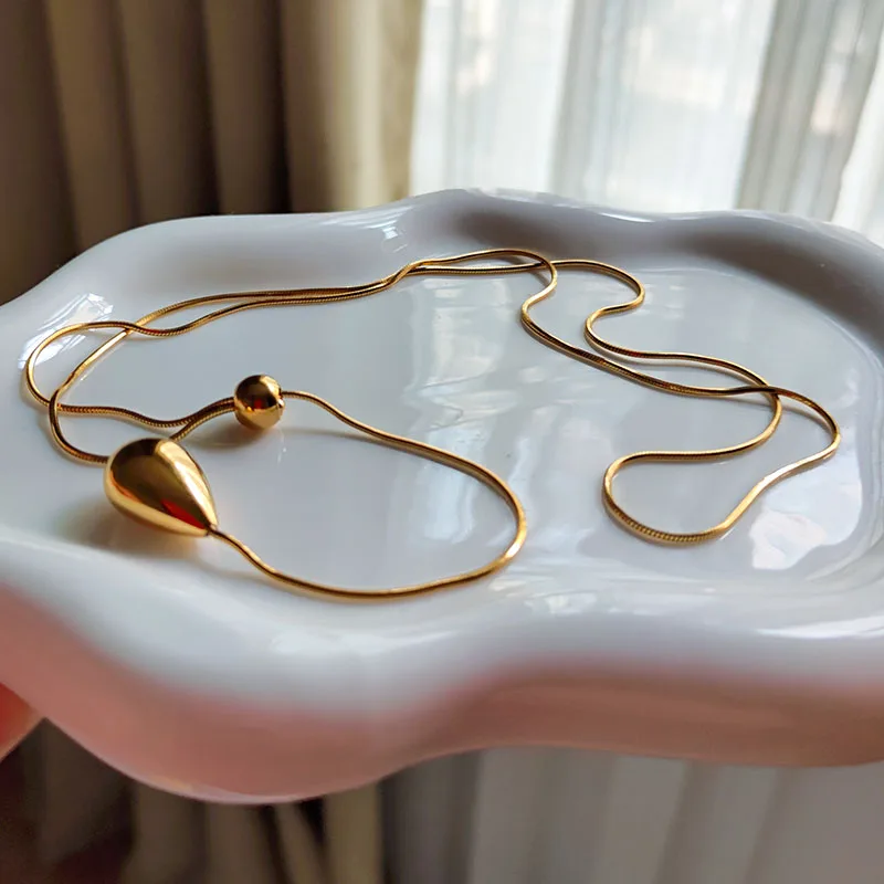 Waterdrop drawstring long necklaces stainless steel necklaces adjustable for winter sweater jewelry minimalist 2024