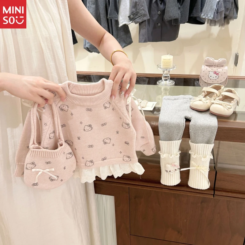 

Miniso Girls Hello Kitty Sweater Set, All-Over Print Knitwear Two-Piece, Fall Winter Outfit