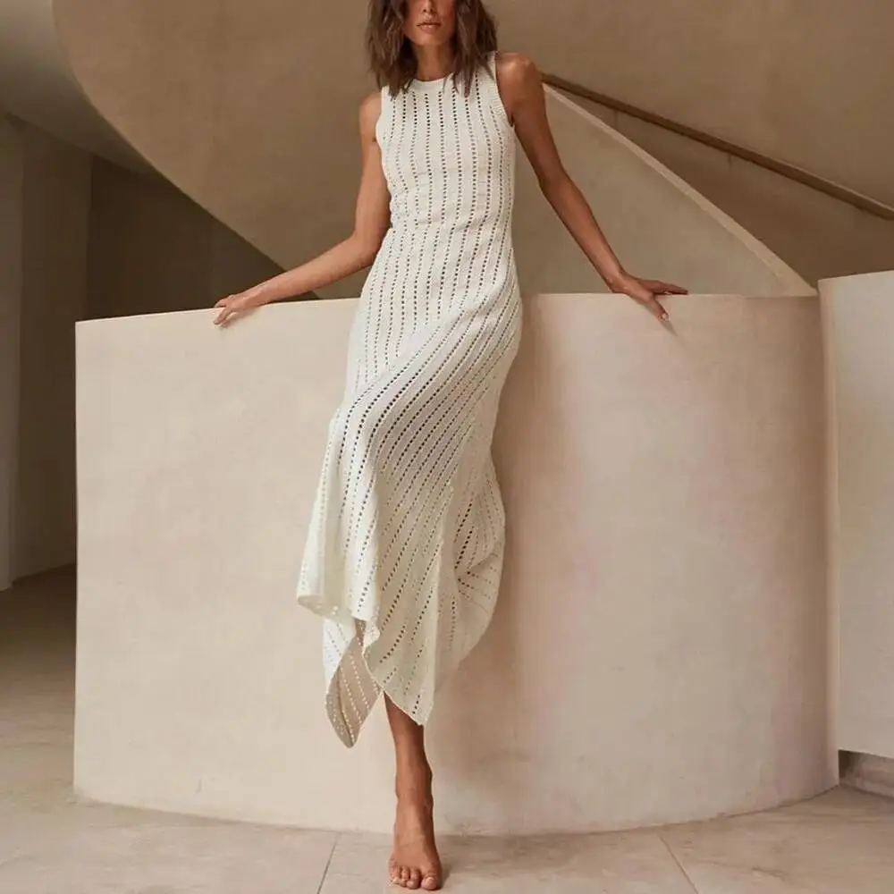 Women's Sleeveless Dress 2025 Summer New Solid Color Knit Dress Cutout Crew Neck Sexy Hollow Out Beach Cover Up Maxi Dress