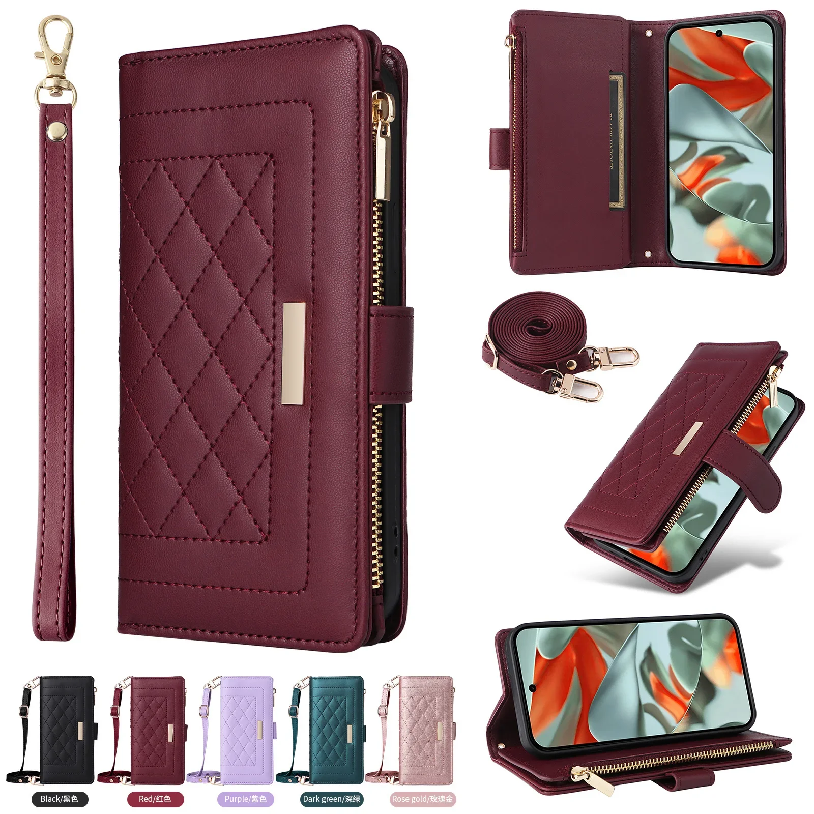 Crossbody Wrist Strap Wallet with Card Holder Phone Case for Google Pixel 9 Pro XL 9 8 7 Pro 8A 7A 6A Leather Protective Cover