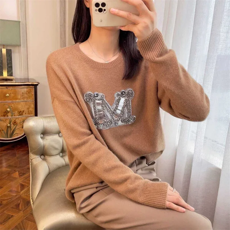 Luxury Diamond Letter M Knitted Pullover Women Cashmere Sweater Spring Autumn Knitwear Soft Long Sleeve Wool Basic Jumper H266