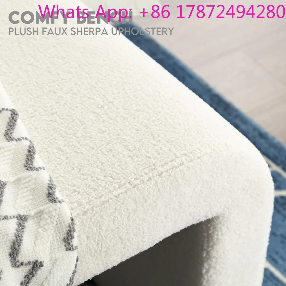 White Modern Boucle Bench , Rectangular Sherpa Entryway Bench, Upholstered Ottoman