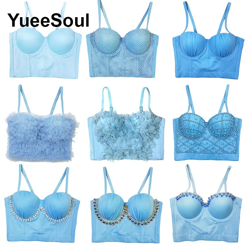 الأزرق المحاصيل القمم الفاخرة حفل زفاف نادي الشاطئ رداء علوي من دون أكمام للنساء 2025 صيف جديد Y2K الحلو لطيف مثير مشد بوستير الشارع الشهير