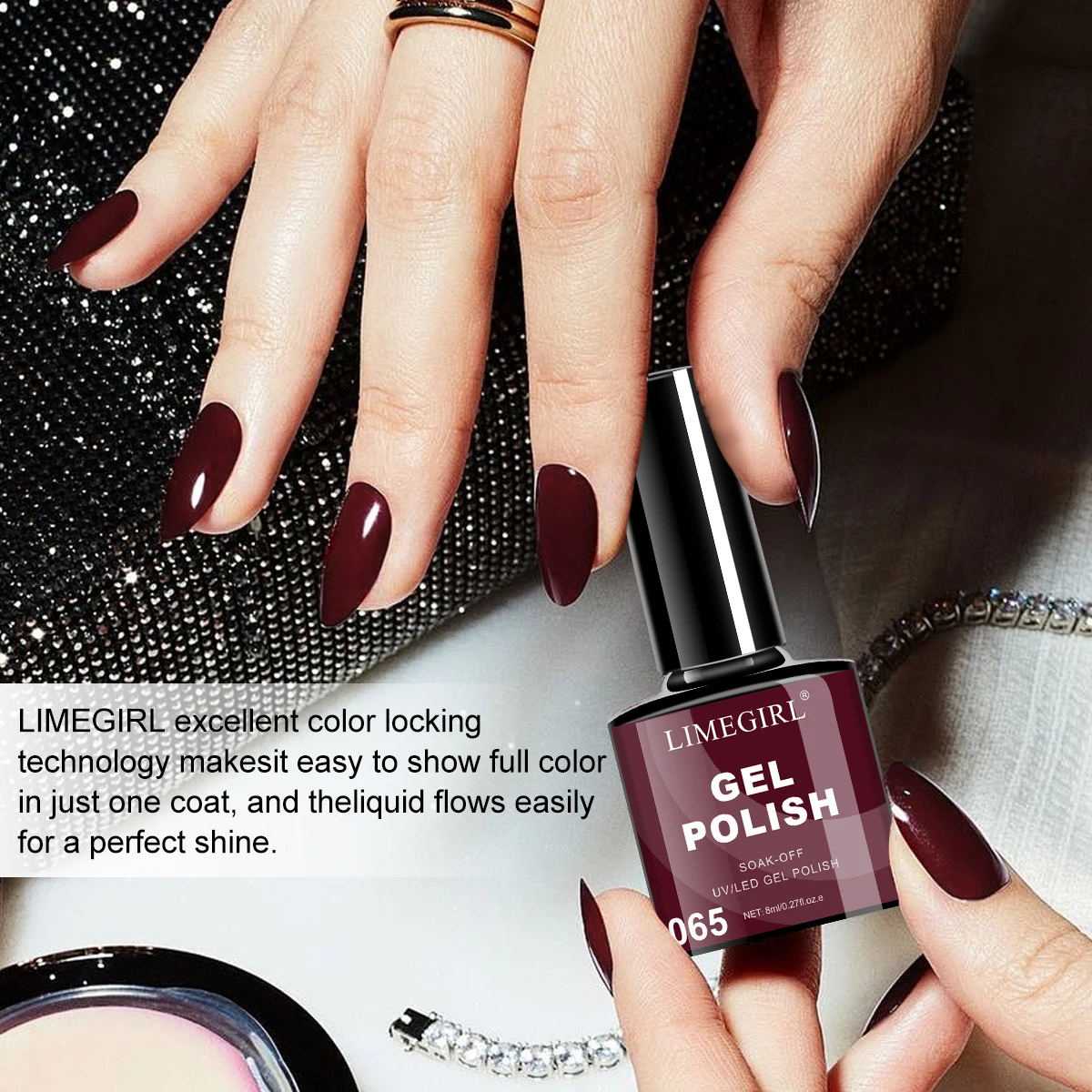 LIMEGIRL 8ml Gel Nail Polish Glitter Bright Paint Art Manicure Semi-Permanent Soak UV Gel Varnish Suitable for Nail Art Designs