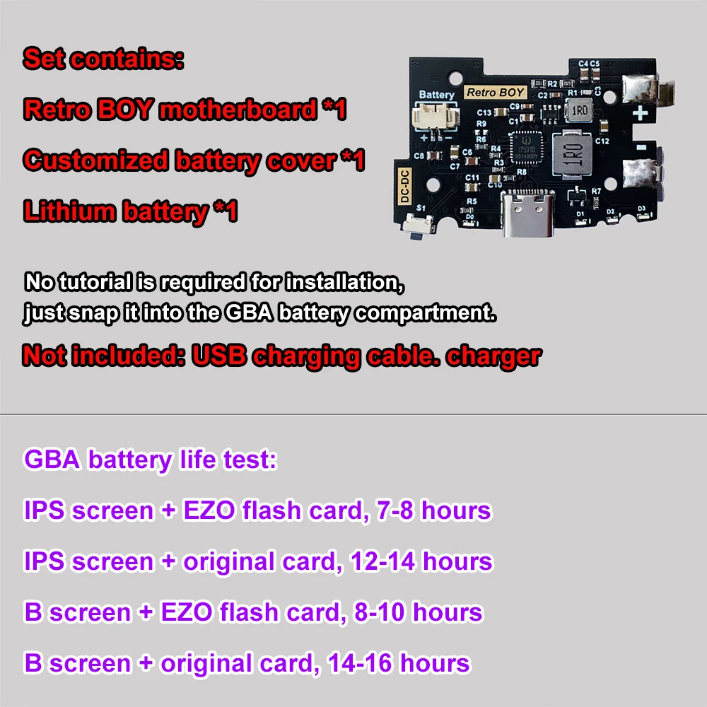 GBA lithium battery power supply set Four-level power indicator retro game parts