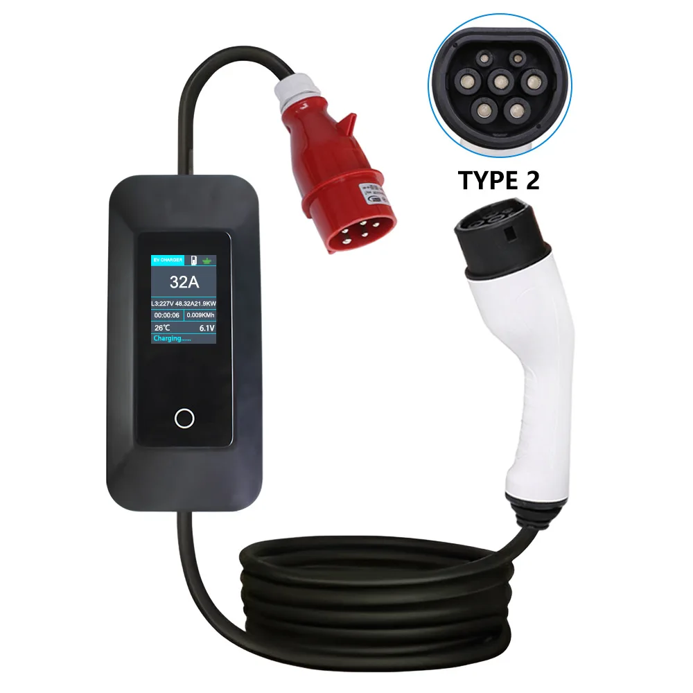 Portable Ev Charger Type 2 Ev Fast Vehicle Charging Stations Adapter  22kw Electric Car Charger