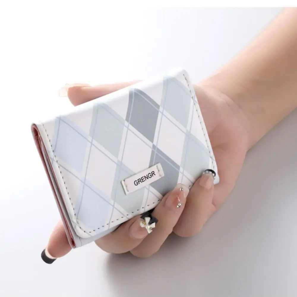 Korean style Blue Card Bag With Checkered Pattern Simple Card Wallet PU Multifunctional Credit Card Holder Women