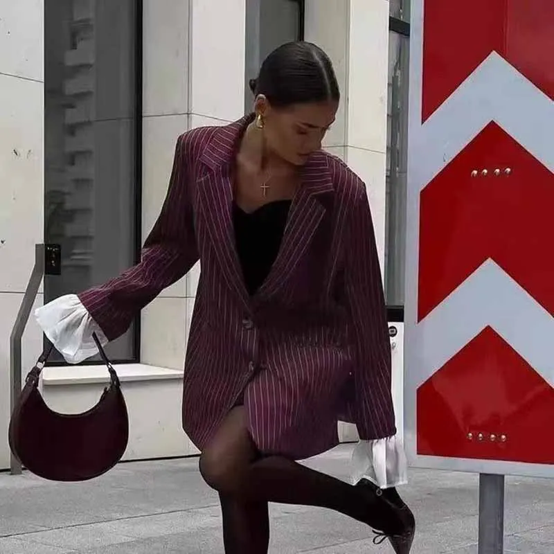 

Striped Flared Sleeve Suit Jacket with Bell Sleeves for Autumn and Winter in Europe and America