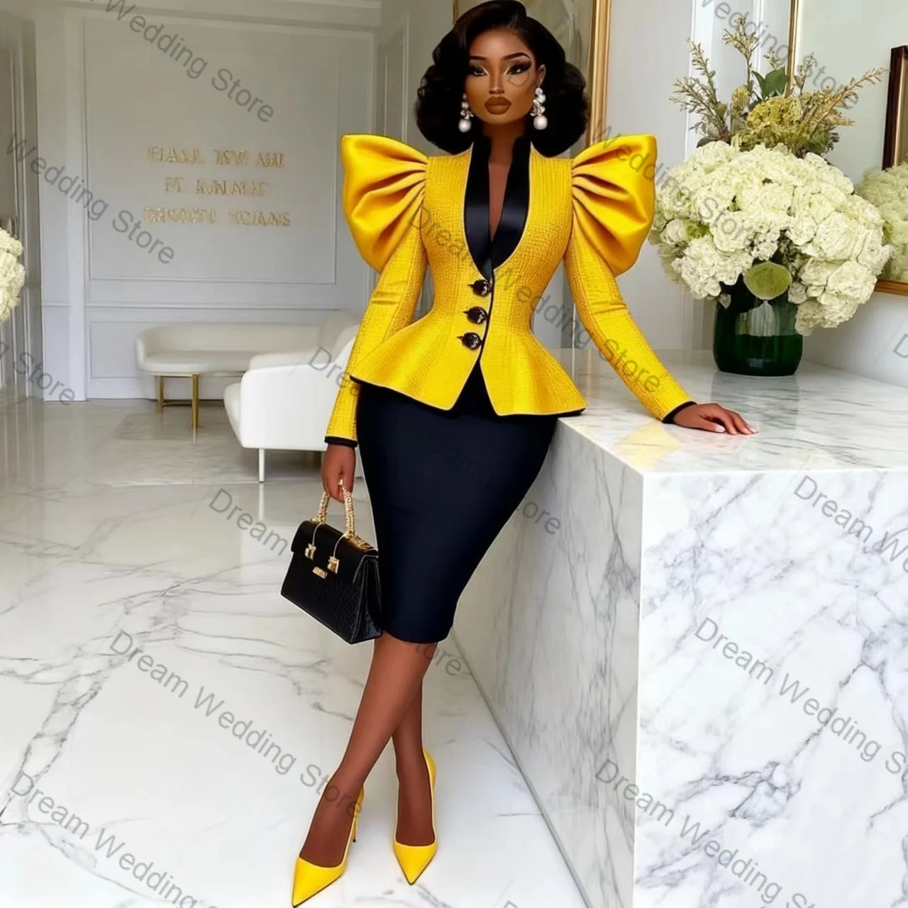 

Yellow Black Women Suit Set 2 Pcs Blazer+Short Mini Prom Dress Puffy Shoulder Customized Formal Wedding Tuxedos Coat Jacket