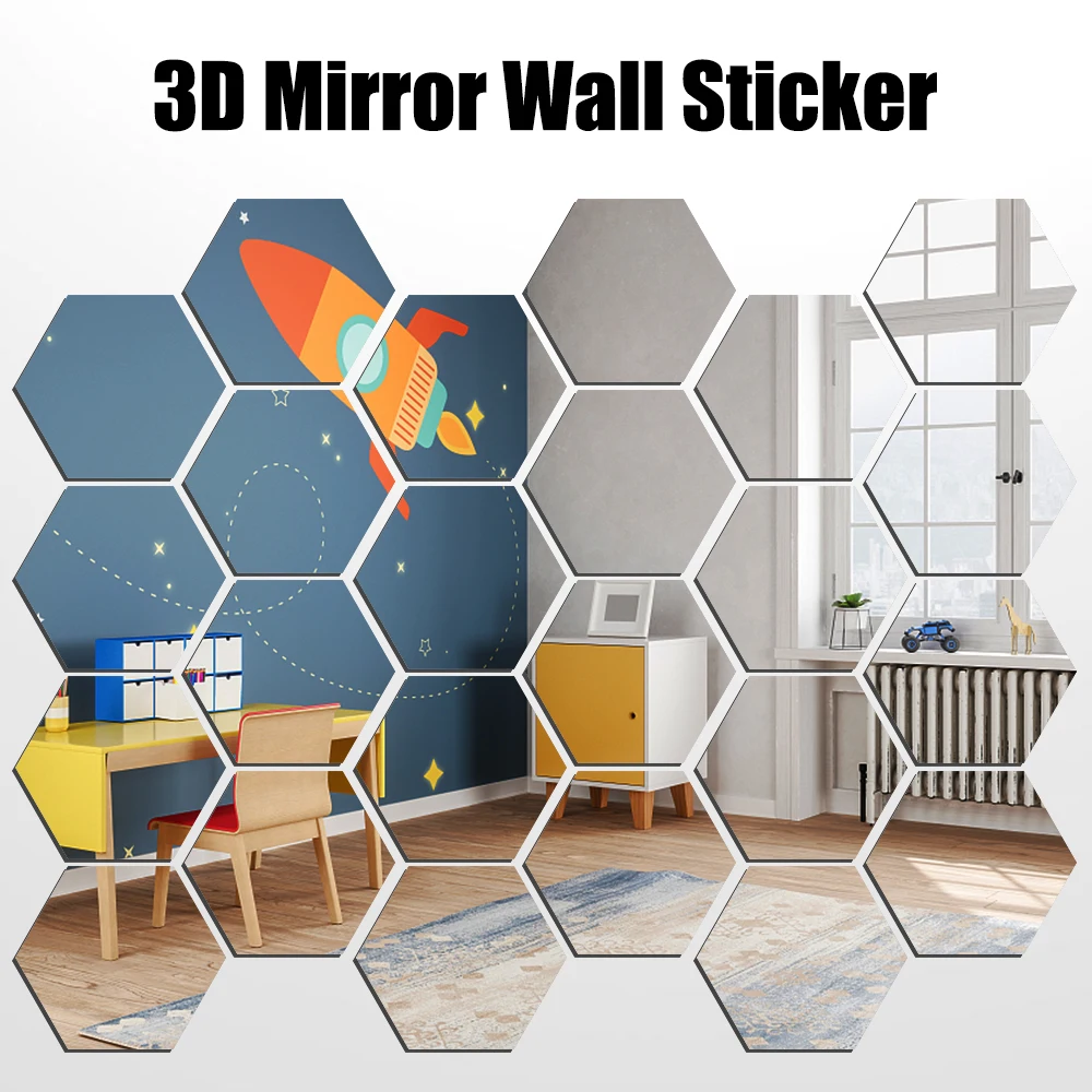 3D Mirror Wall Sticker Mirror Decor Stickers 24 PCS Self-adhesive Hexagon Decal 100mm DIY Art Wall Decoration Home Decor