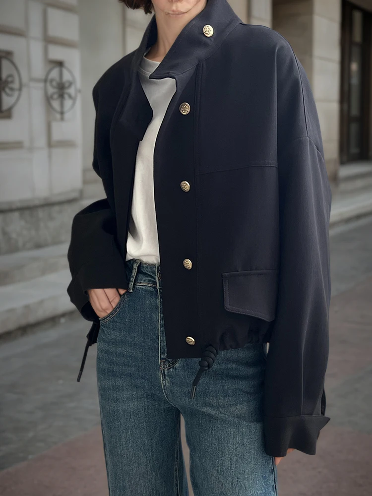 

FSTDCY Повседневная короткая куртка с воротником-стойкой, удобный свободный подол, плащ на шнурке, осенняя женская уличная ветровка