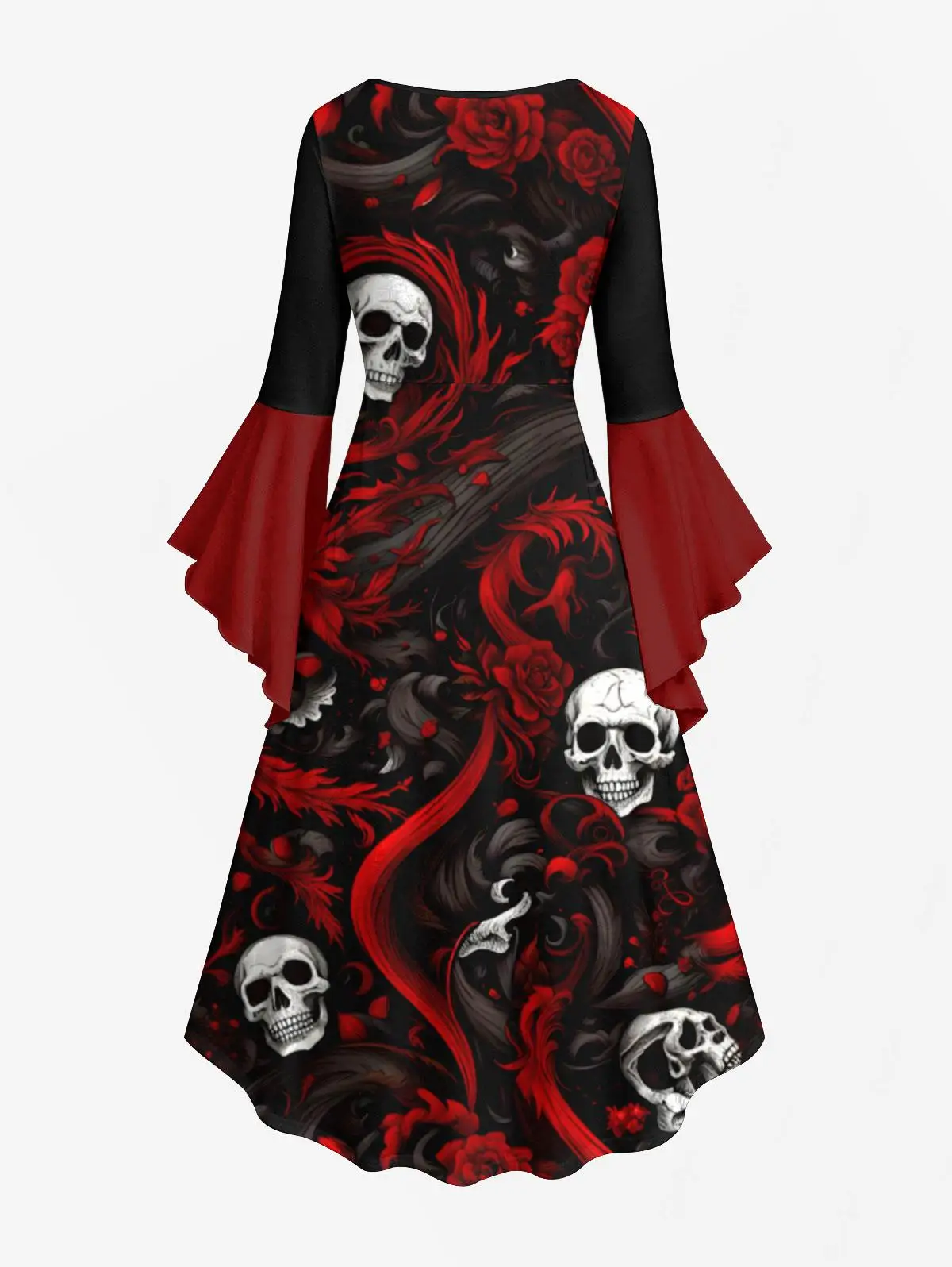 Plus Size Halloween Costume Skulls Rose Flower Printed Ruched Flare Sleeve High Low Dress And Printed Buttons Long Sleeve Shirt