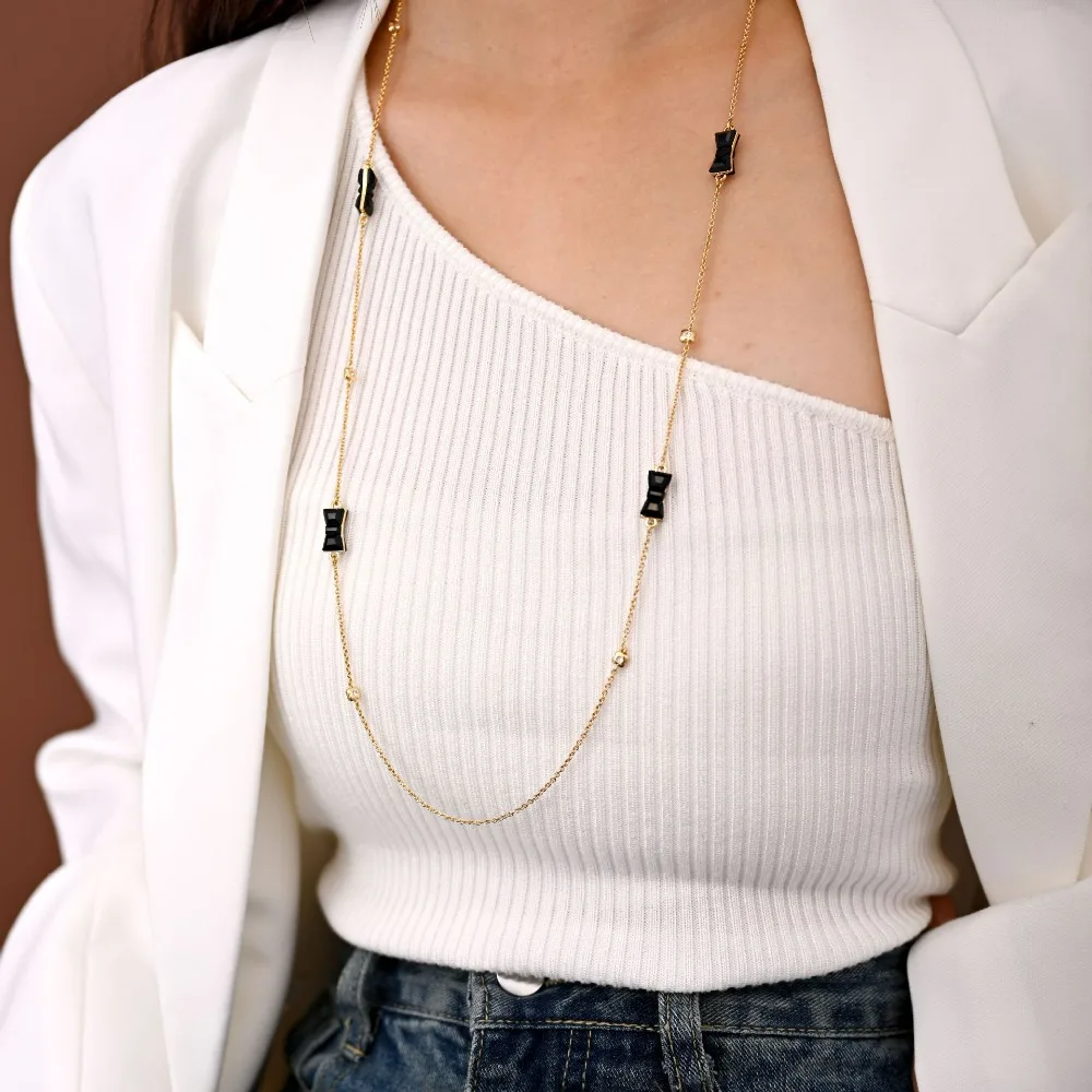 

Niche Light Luxury Black Zircon Bow Charms Long Necklace Sweater Chain Heart Charming Sweet Cute Imatiton Neck Chain for Women