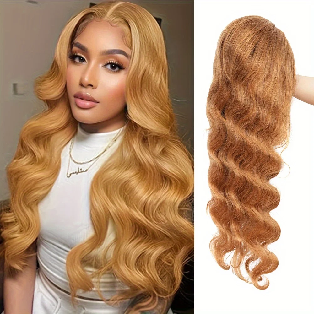 Honey Blonde Wig Human Hair 13x6 Body Wave Hd Lace Front Wigs Human Hair Pre Plucked 27# Colored Blonde Lace Frontal Wig 180% Density Real Hair Wavy Human Lace Front Wigs For Women view 4