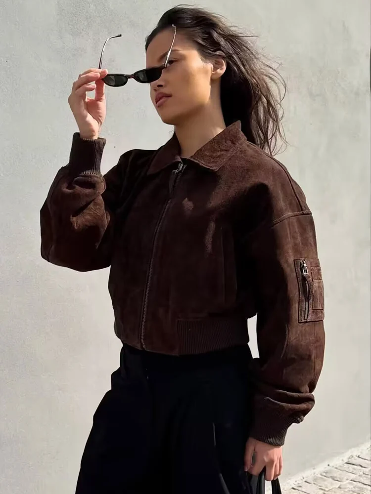 HH 2025 秋物 ソリッドスエード クロップドボンバージャケット レディース ラペル 長袖 ジップポケット ショートコート カジュアル オフィス アウター