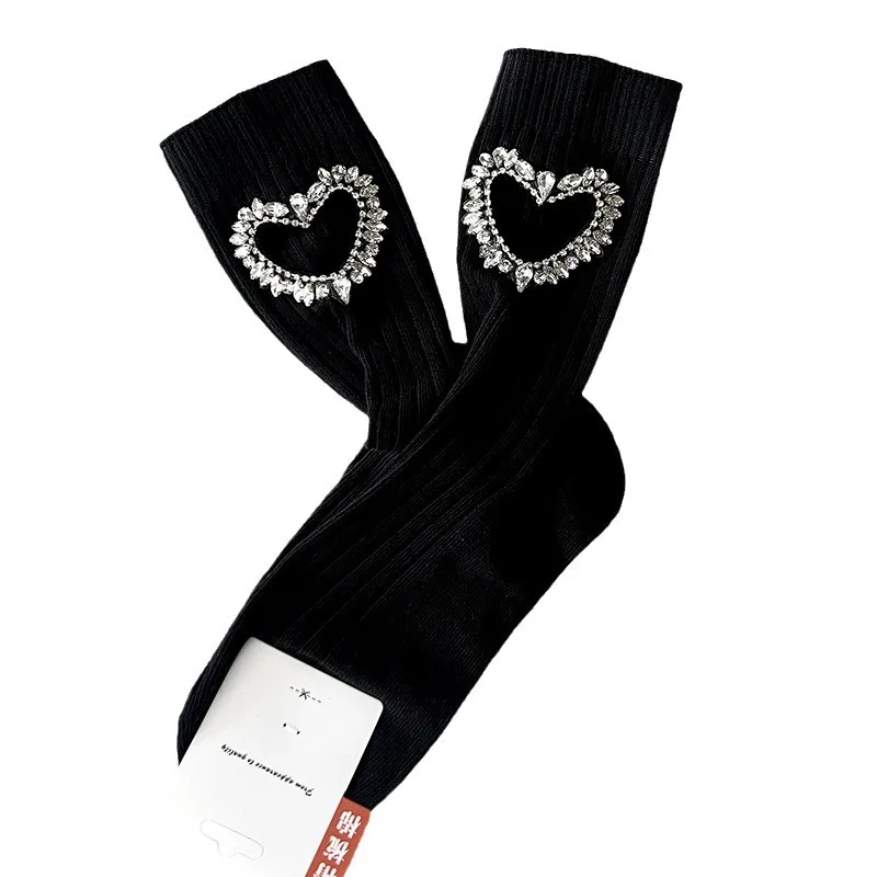 Heart Diamond Decorated Hollow Cotton Sock Women