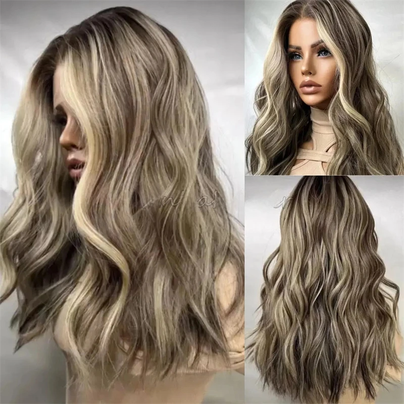 

26 Inch Ombre Ash Brown Synthetic HD Lace Front Wig for White Balck Women Soft Long Wave Wig Beginner Friendly High Quality Wig