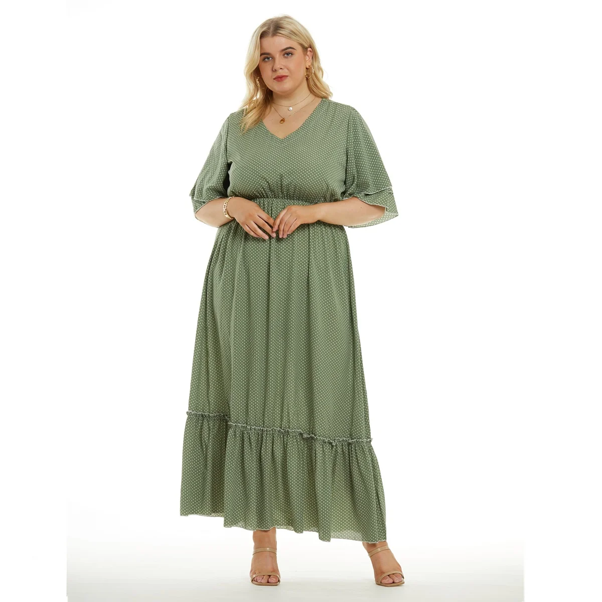 Plus Size New Arrival Fashional V dekolt pół rękawa zielony kolor w stylu Casual, letnia długie sukienki w stylu boho dla dużych kobiet