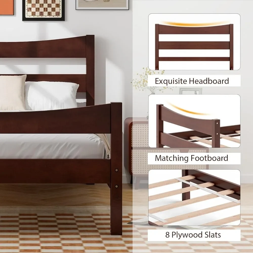 Wood Bed Frame Twin Size, Rustic Style Platform Bed w/Headboard & Footboard, Solid Wood Slat Support, No Box Spring Needed