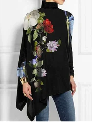 High Neck Rose Printed Long Sleeve Top Women's Loose Black T-Shirt Autumn Spring Elegant Party Clothes