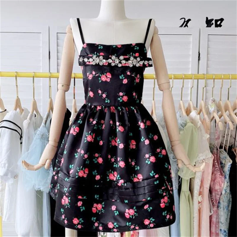 

Party Fashion Mini Dress Design Diamond Bow Slim Fit Sexy Sling Dress flower print women