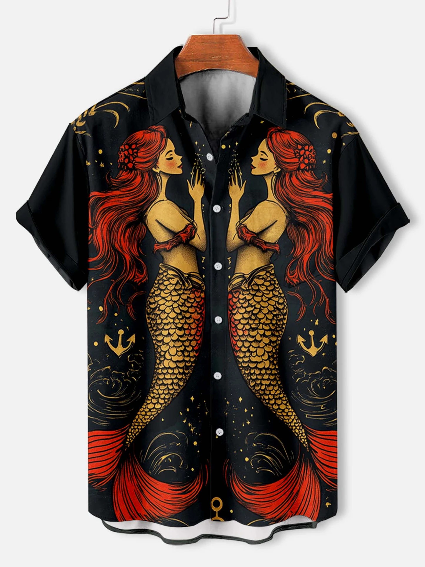 Retro Mermaid Pattern Men's Shirt Short Sleeve Shirts Button Down Lapel Shirts Oversized Tops Casual Hawaiian Shirt for Men