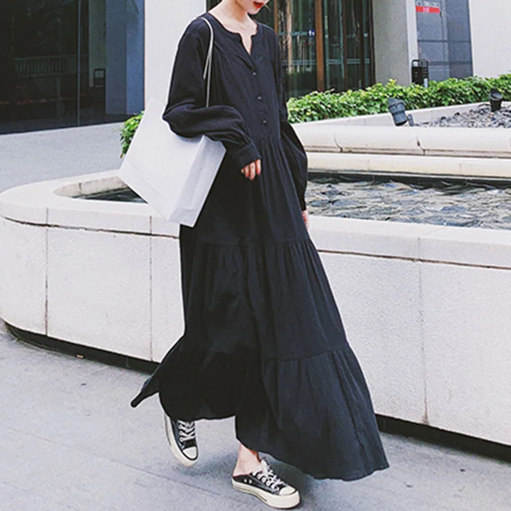 2024 Japanese And Korean Style Instagram Women's Street Dress, Lantern Long Sleeved Hepburn Style Long Skirt High Street Autumn