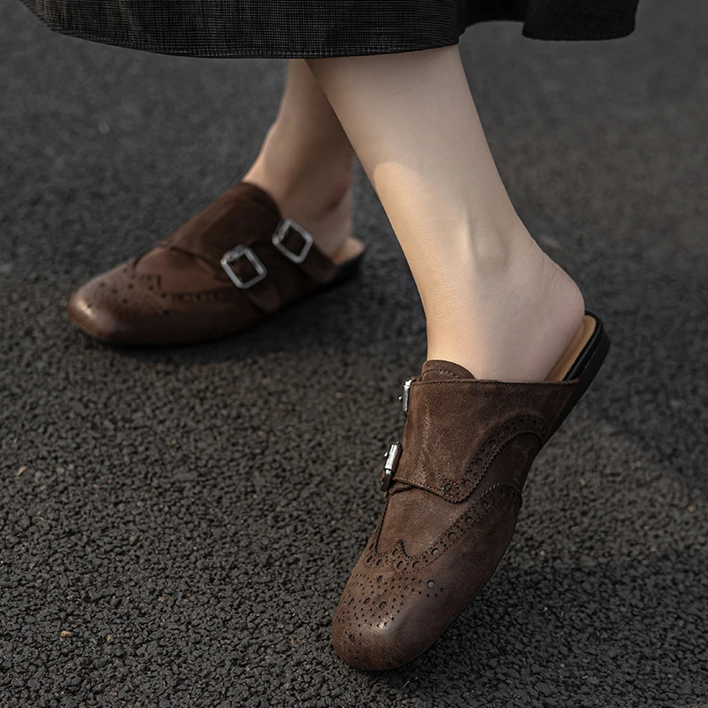 أحذية نسائية مسطحة من البغال البروغ أحذية على الطراز الأساسي من الجلد الطبيعي على الطراز البريطاني بمقدمة مستديرة نصف شباشب أحذية ربيع الخريف #4