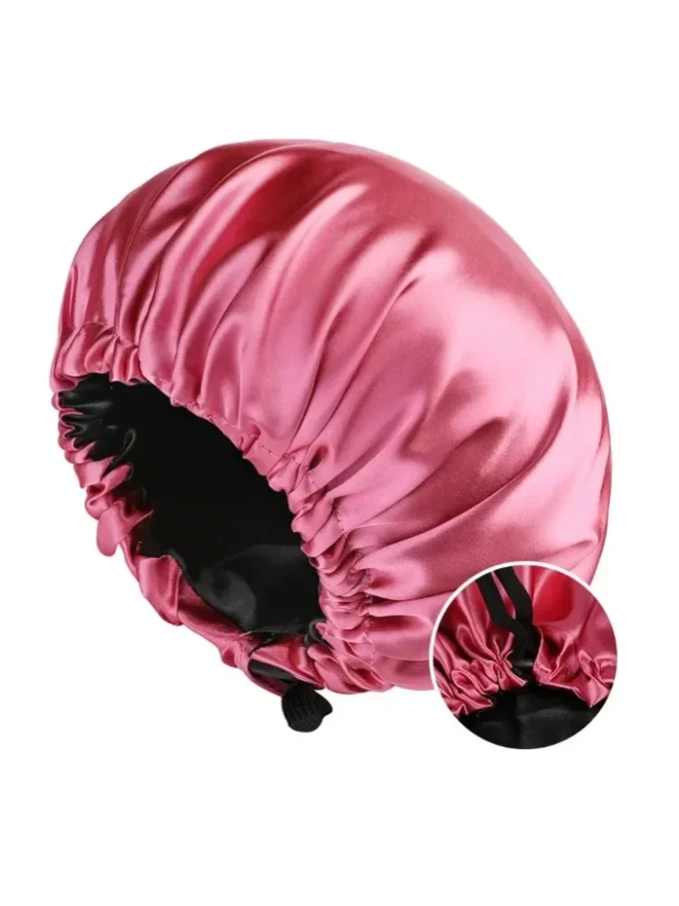 Verstellbare Doppellagige Satin-Schlafmütze Beidseitig Runde Duschhaube für Frauen Nachtschlaf-Polyester-Mütze mit Einfarbigem Schwarzem Futter