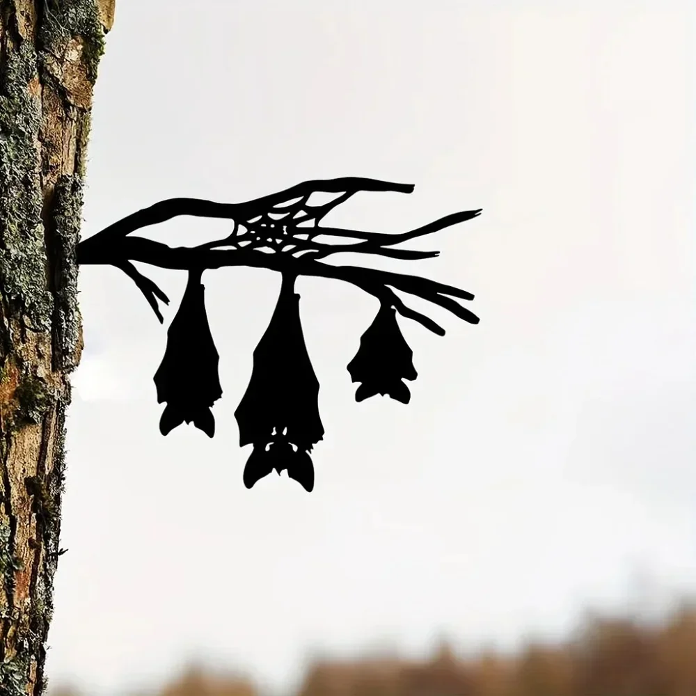 Iron Silhouette Hanging Bat-Shaped Tree Stump Garden Ornament: Hollow Out Sculpture, Wrought Metal Ground Insert