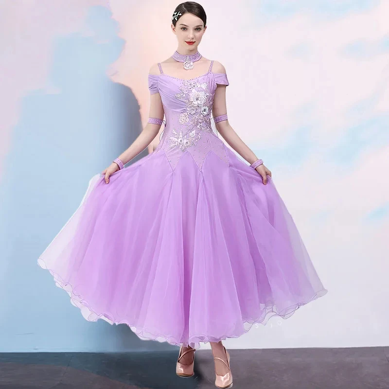 Purple Rhinestones Ballroom Dress Standard Plus Size Ballroom Dance Competition Dress Viennese Waltz Dress Foxtrot Dance Wear