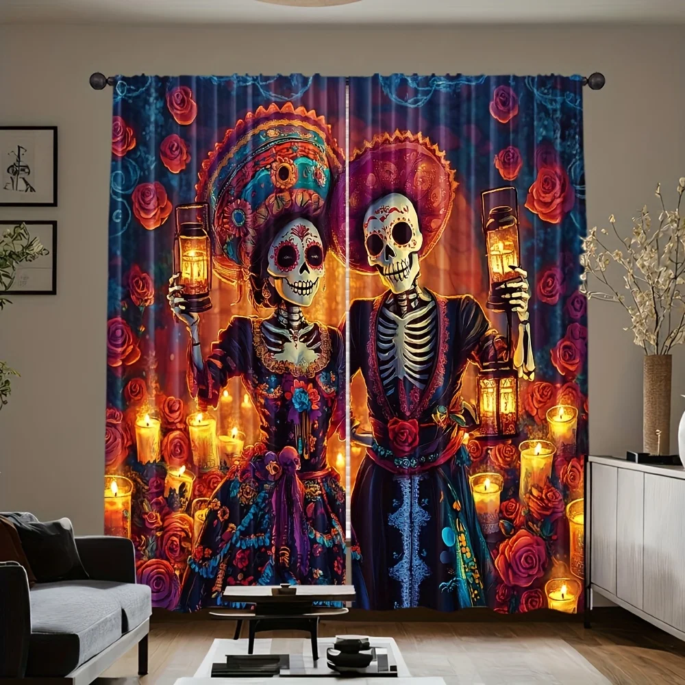 2 Panels Day of the Dead Printed Curtains Skeleton Rose Candle Polyester Living Room Bedroom Window Drapes Home Decor