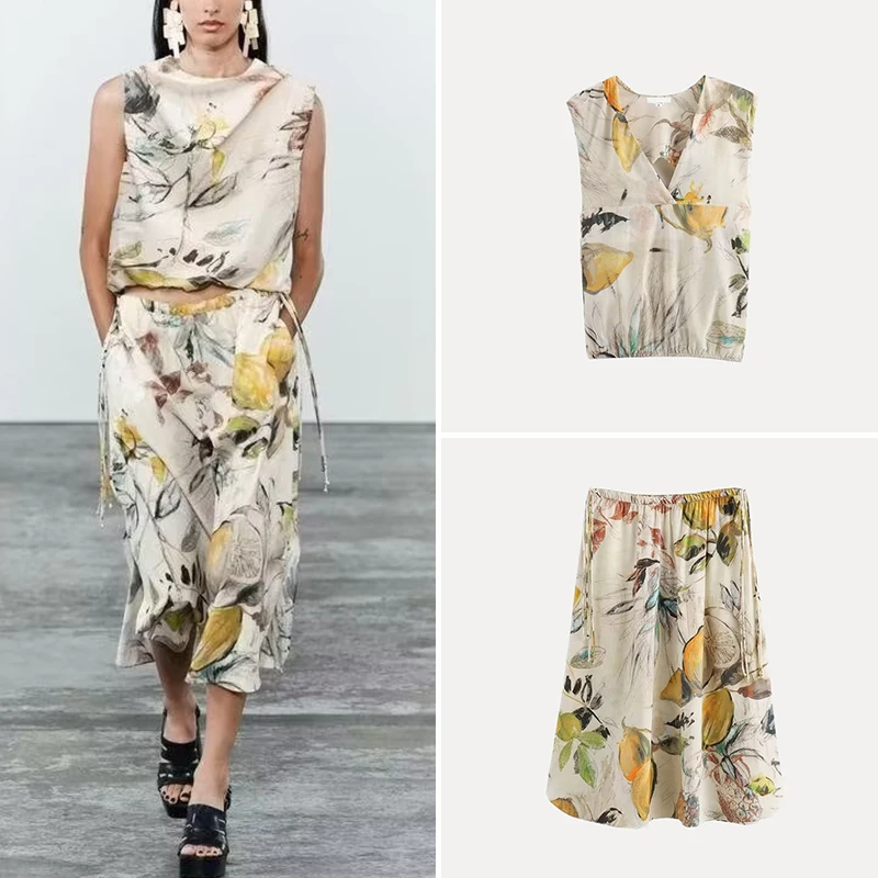 

Z 2025 Summer New Women's Casual Top f-length Skirt Faion Set Polyester Fiber Ele Sle Student orm Workwear