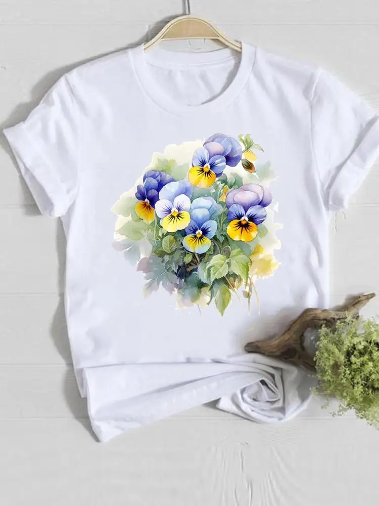 Camiseta de manga curta estampada com flores feminina, camiseta feminina, roupas casuais, aquarela, moda doce dos anos 90, camiseta gráfica para senhora
