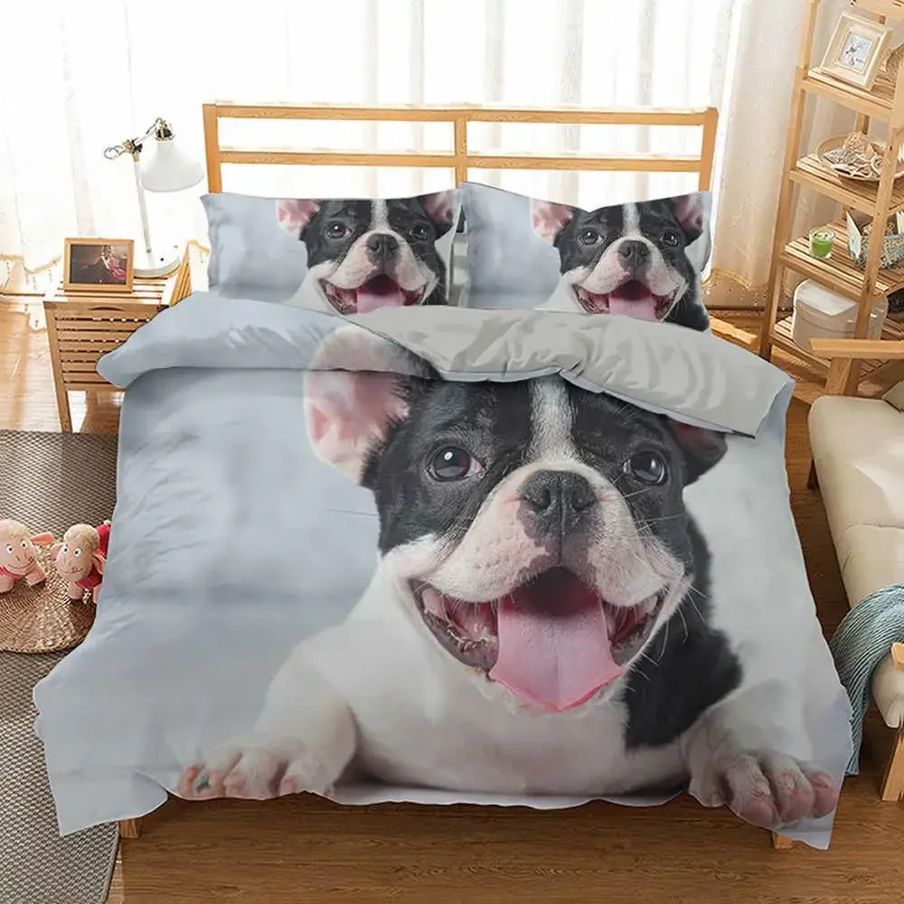 French Bulldog Duvet Cover Set King Size Cute Puppy Animal Theme Bedding Set for Kids Teen Polyester 2/3pcs Soft Comforter Cover