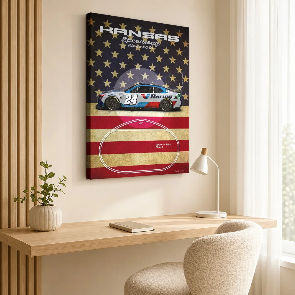 Kansas Speedway Racing Canvas Print Poster Custom Retro Automotive Wall Art for Game Room Decor Collectible Ready to Hang Gift