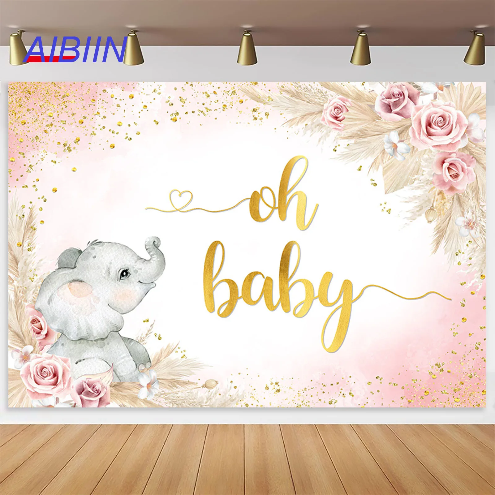 

AIBIIN Oh Baby Backdrop for Boys or Girls Boho Flowers Pampas Grassland Elephant Baby Shower Party Decor Photography Background