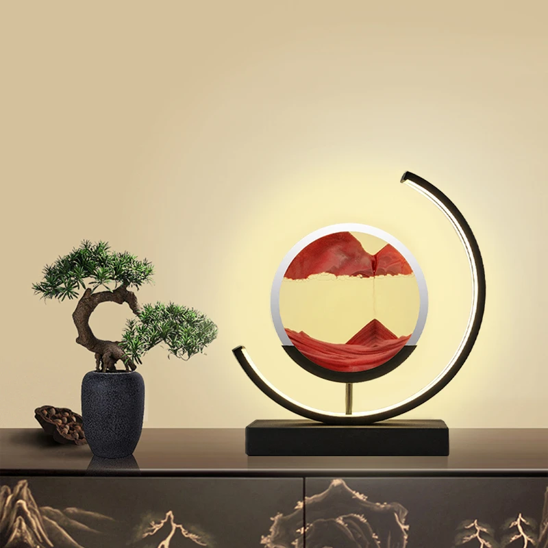 3D Hourglass LED Lamp Quicksand Painting Art Bedside Table Lamp Painting Night Light Home Sand Scene Dynamic Round Glass Decor