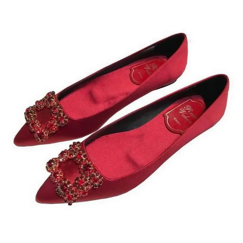 2024 Larger Size 31-46 wedding Shoes Women Pointed Toe Flats Red Luxury Loafers Ballet Slip-on Breathable party buckle bride sho