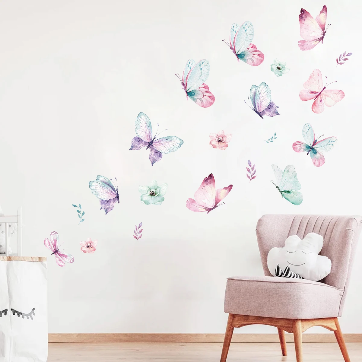 17pcs Watercolor Pink Flying Butterflies Pattern Wall Stickers for Kids Room Decoration Baby Nursery Room Wall Decals Home Decor