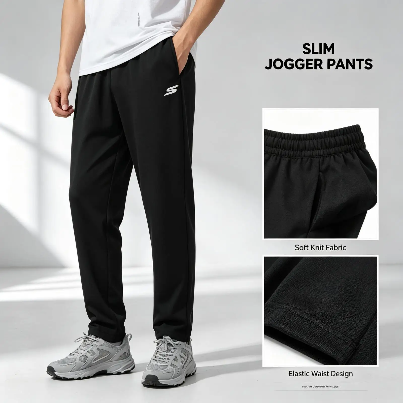 

SKECHERS Men Black Jogger Pants Slim Fit Soft Knit Fabric Elastic Waist Tapered Leg Casual Running Sports Trousers L221M046-0018