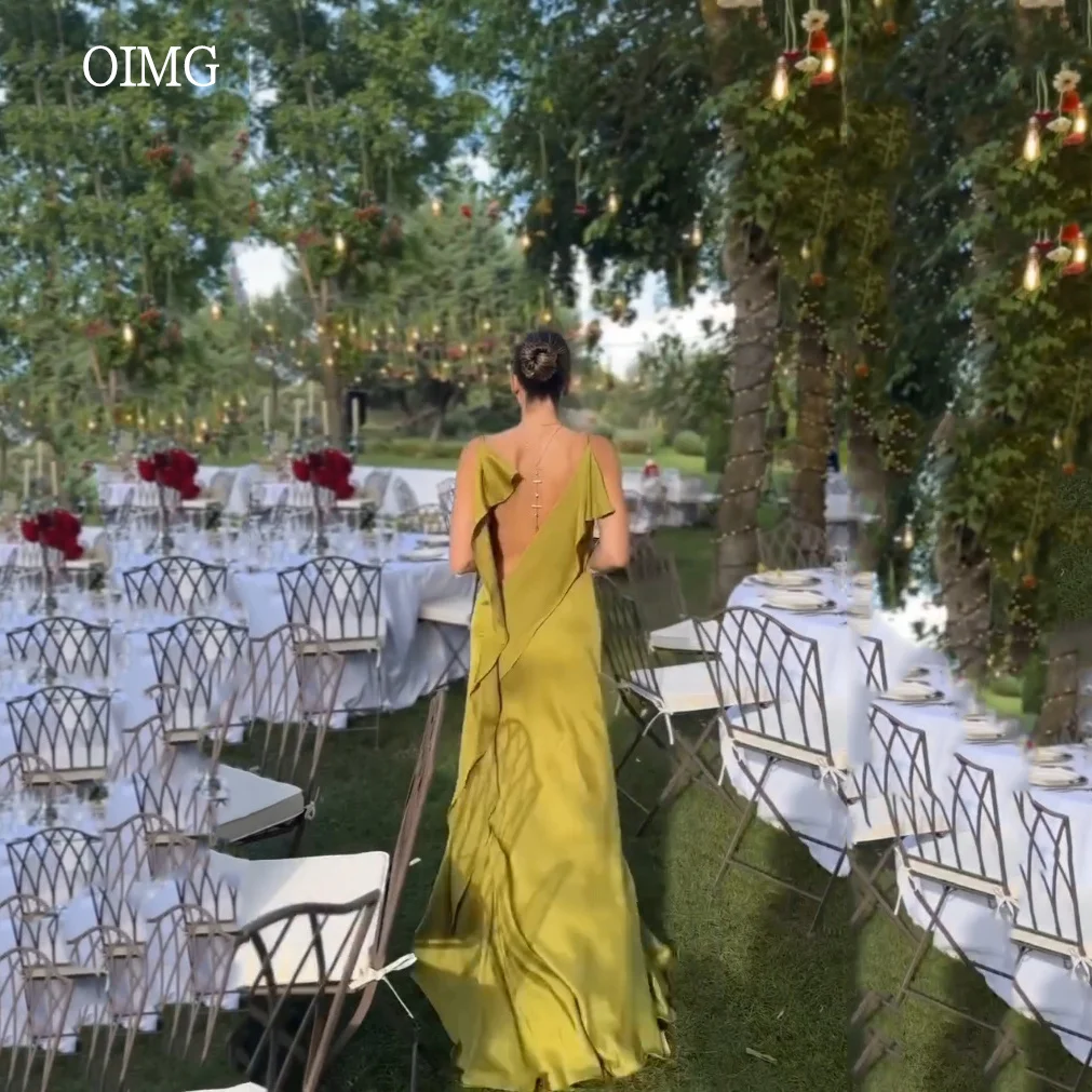 

OIMG Simple Mustard Green Spaghetti Strap Mermaid Prom Gowns Backless Party Gown Side Slit Floor Length Evening Dress Customized