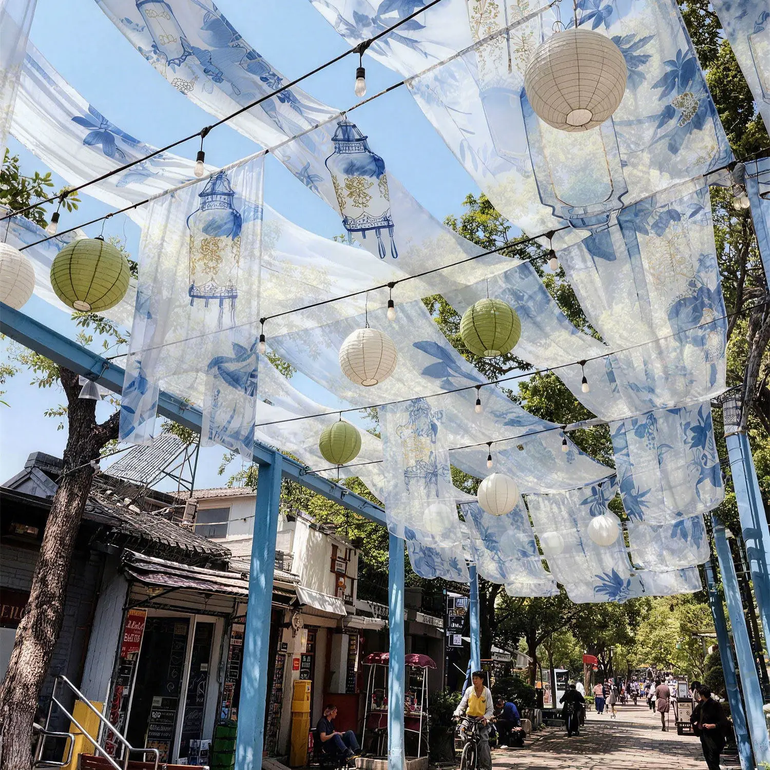 ✨ Hanging Room Divider – Japanese Anime Style Tie-Dye Ceiling Drape Panel for Market Booth, Exhibition & Outdoor Event Decor