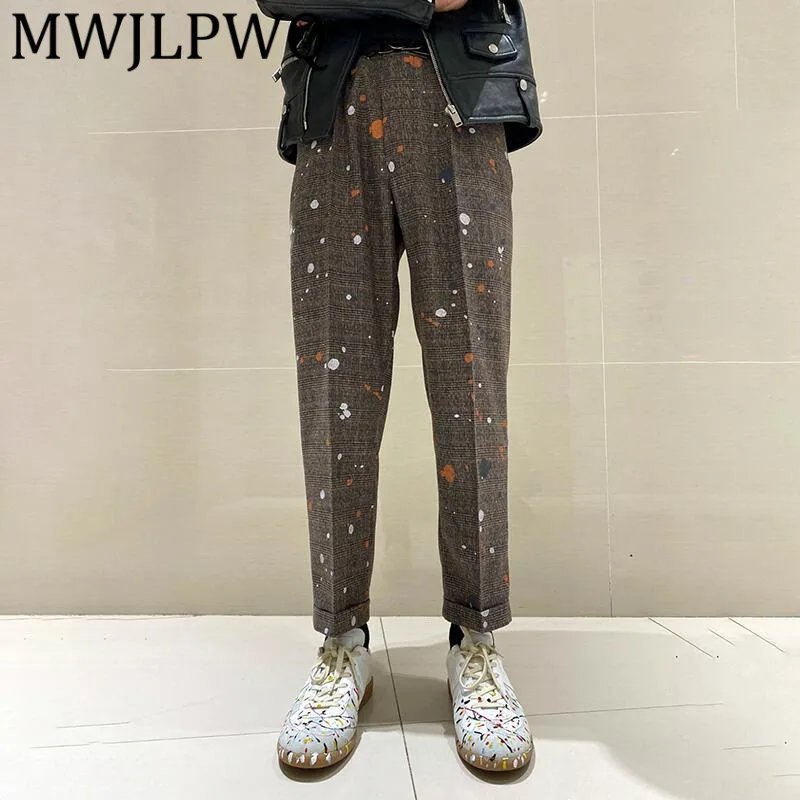 

MWJLPWQ Splashed Ink Coffee Color Nine-Point Trousers Street Style Men's Casual Plaid Slim Fit Unisex Casual Pants Autumn 12250