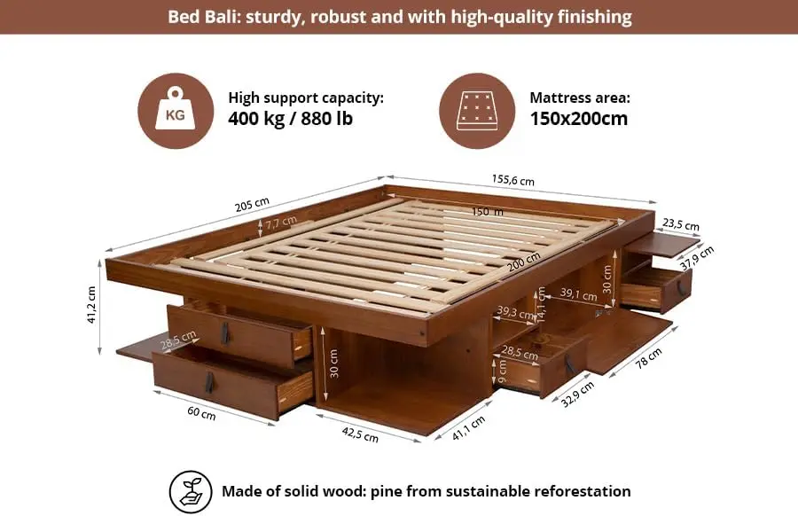 Storage Set: Storage Platform Bed with Drawers + Storage Headboard (Full Size, Caramel Brown Wood)