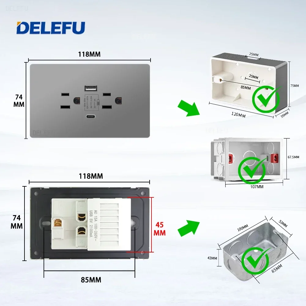 DELEFU soket US pengisian cepat Tipe C standar Meksiko Panel PC abu-abu tahan api 124*76mm sakelar soket dinding