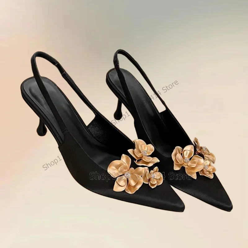 

Gold Appliques Decor Black Pointed Toe Pumps Slip On Women Shoes Thin High Heels Novel Fashion Banquet 2025 Zapatos Para Mujere